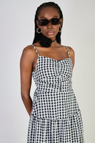 Black gingham ruched bodice tiered dress_2