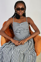 Black gingham ruched bodice tiered dress_5
