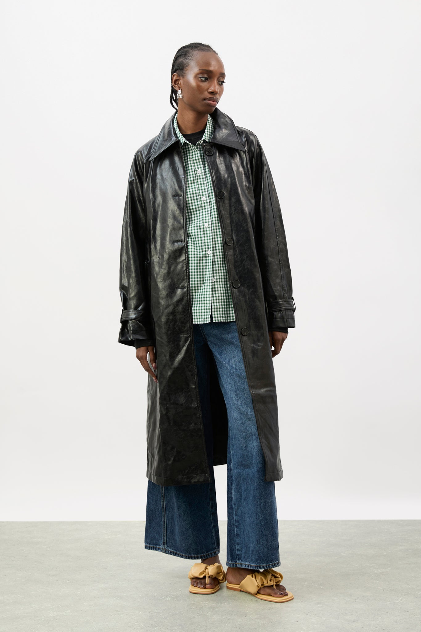 Black high shine vegan leather coat_2