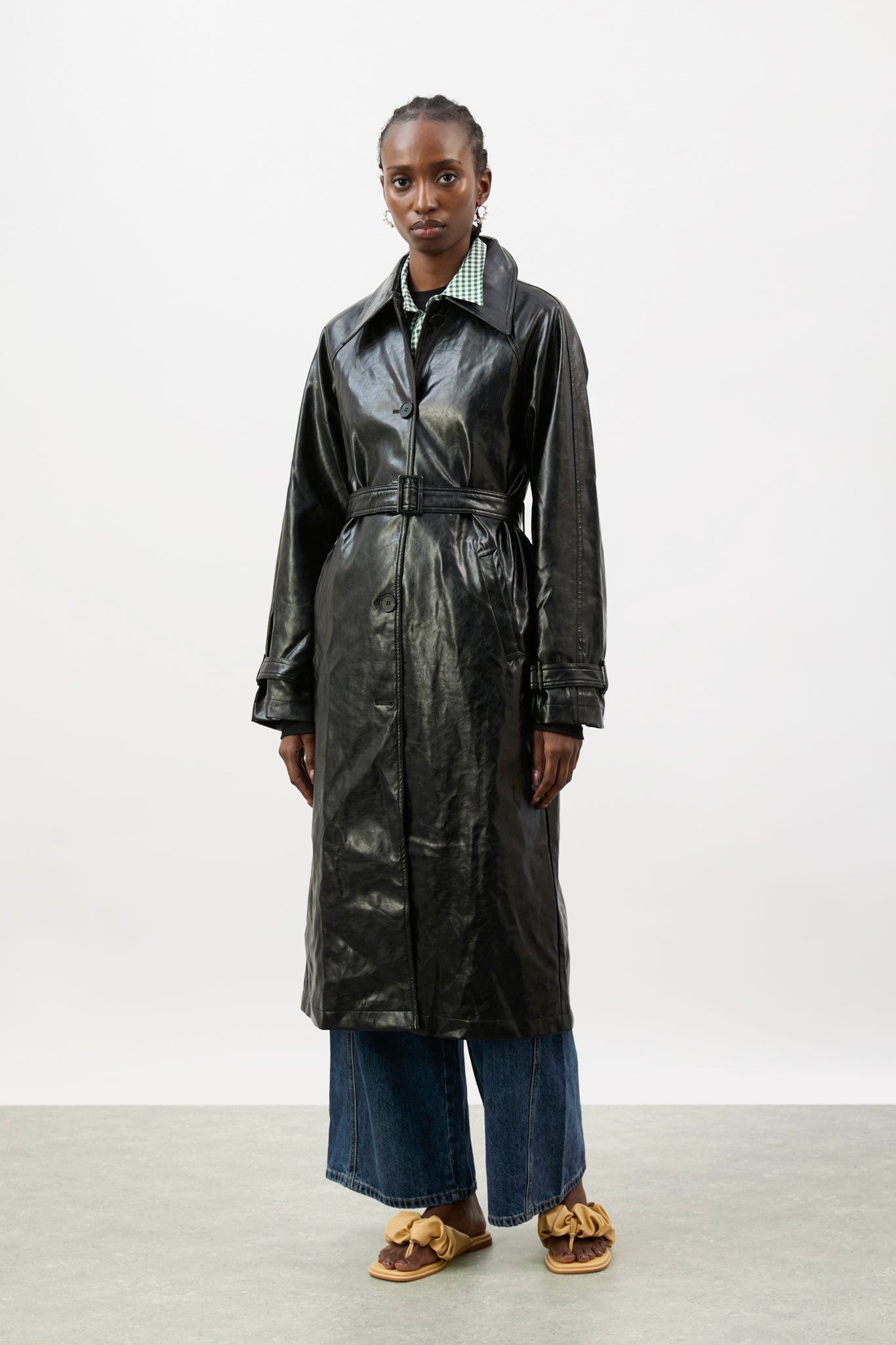 Black high shine vegan leather coat_1