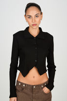 Black jersey sharp shoulder button front top_2