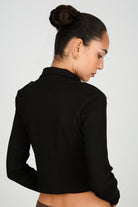 Black jersey sharp shoulder button front top_3