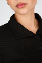 Black jersey sharp shoulder button front top_4