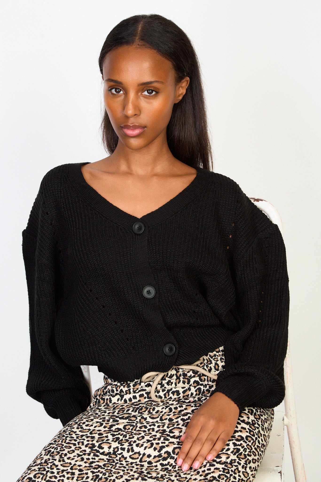 Black knit dot detail button front cardigan_5