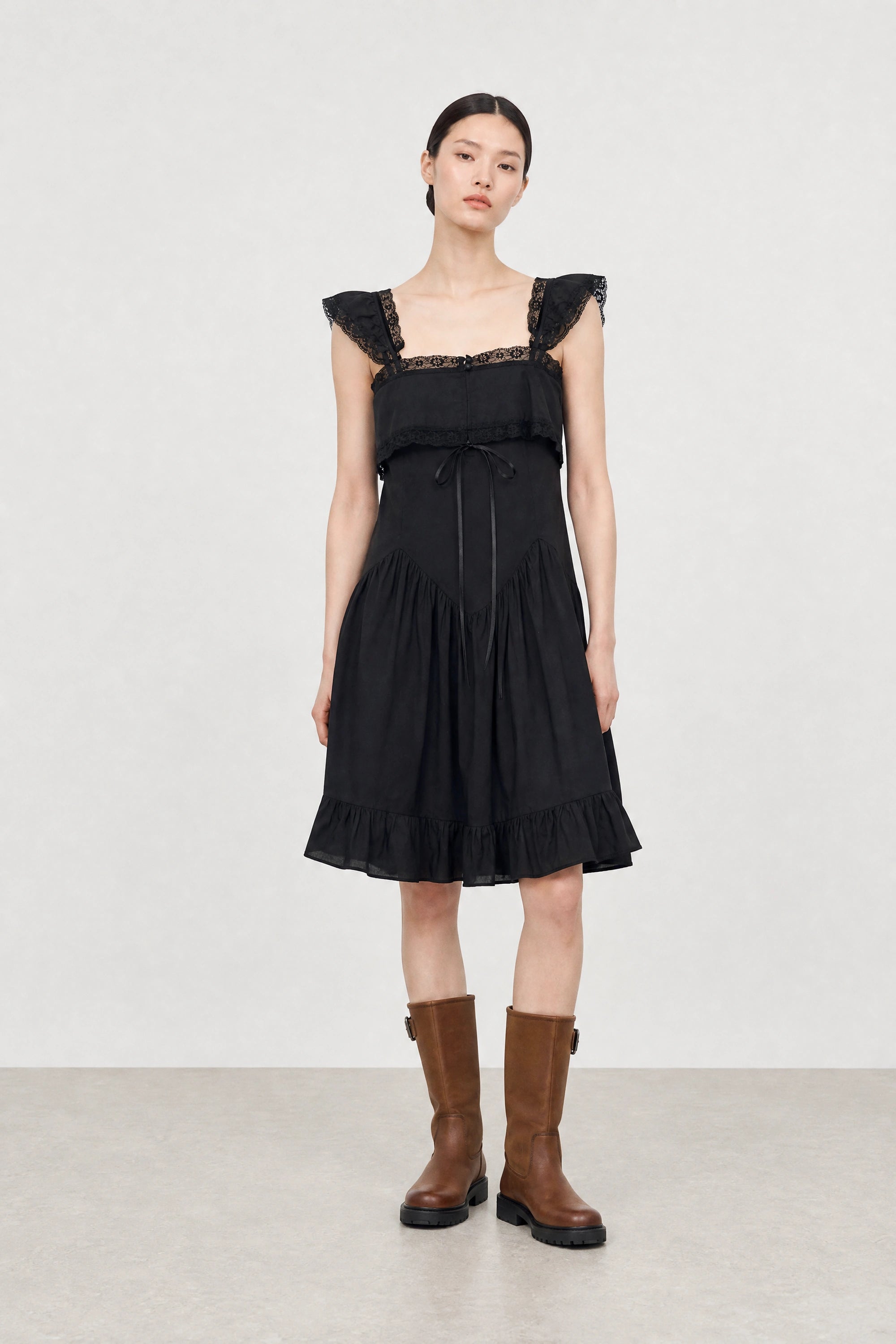 Black lace trim ruffle hem dress_1