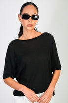 Black linen blend wide neck knit tee_1