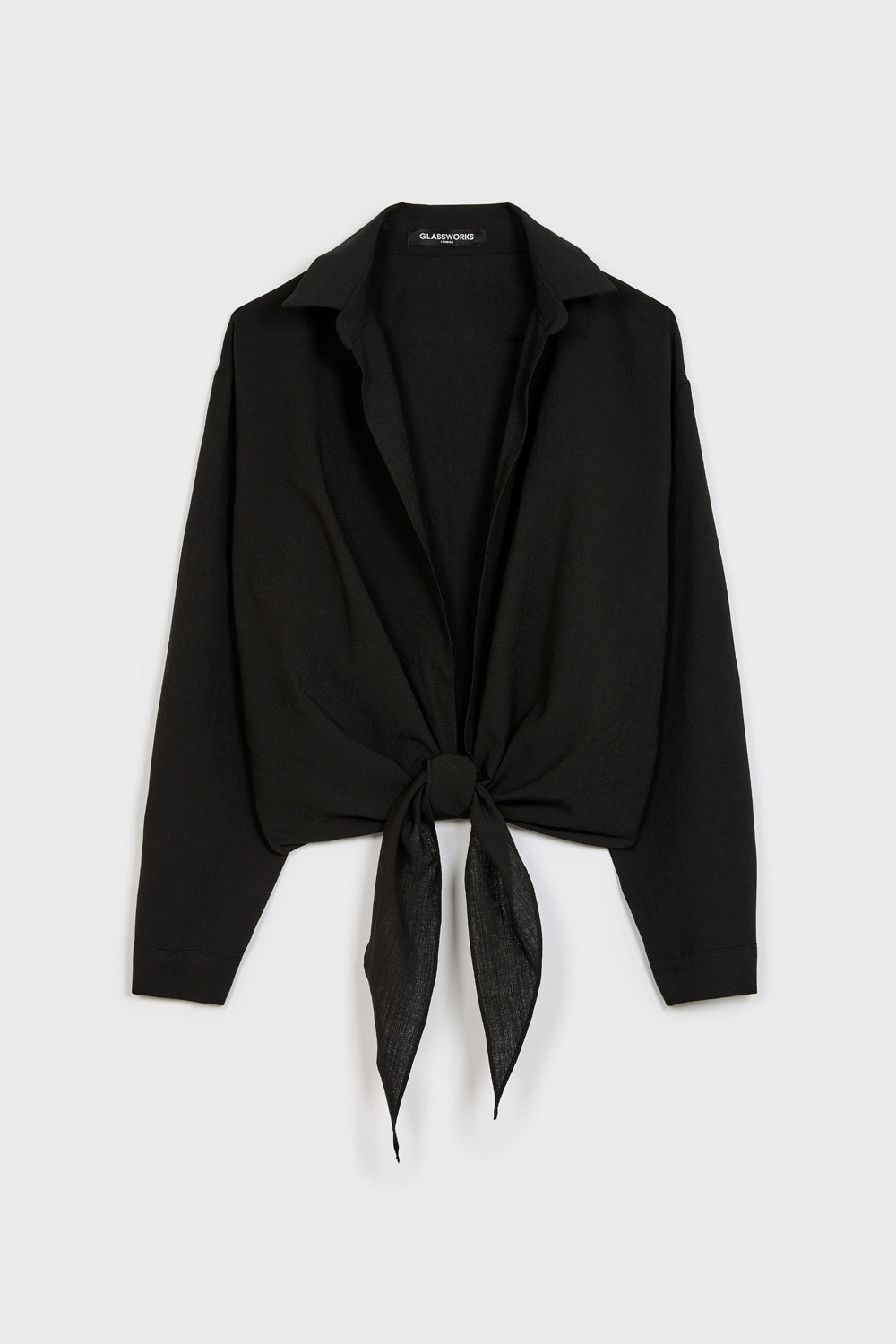 Black linen plunging tie front shirt_8