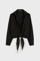 Black linen plunging tie front shirt_8