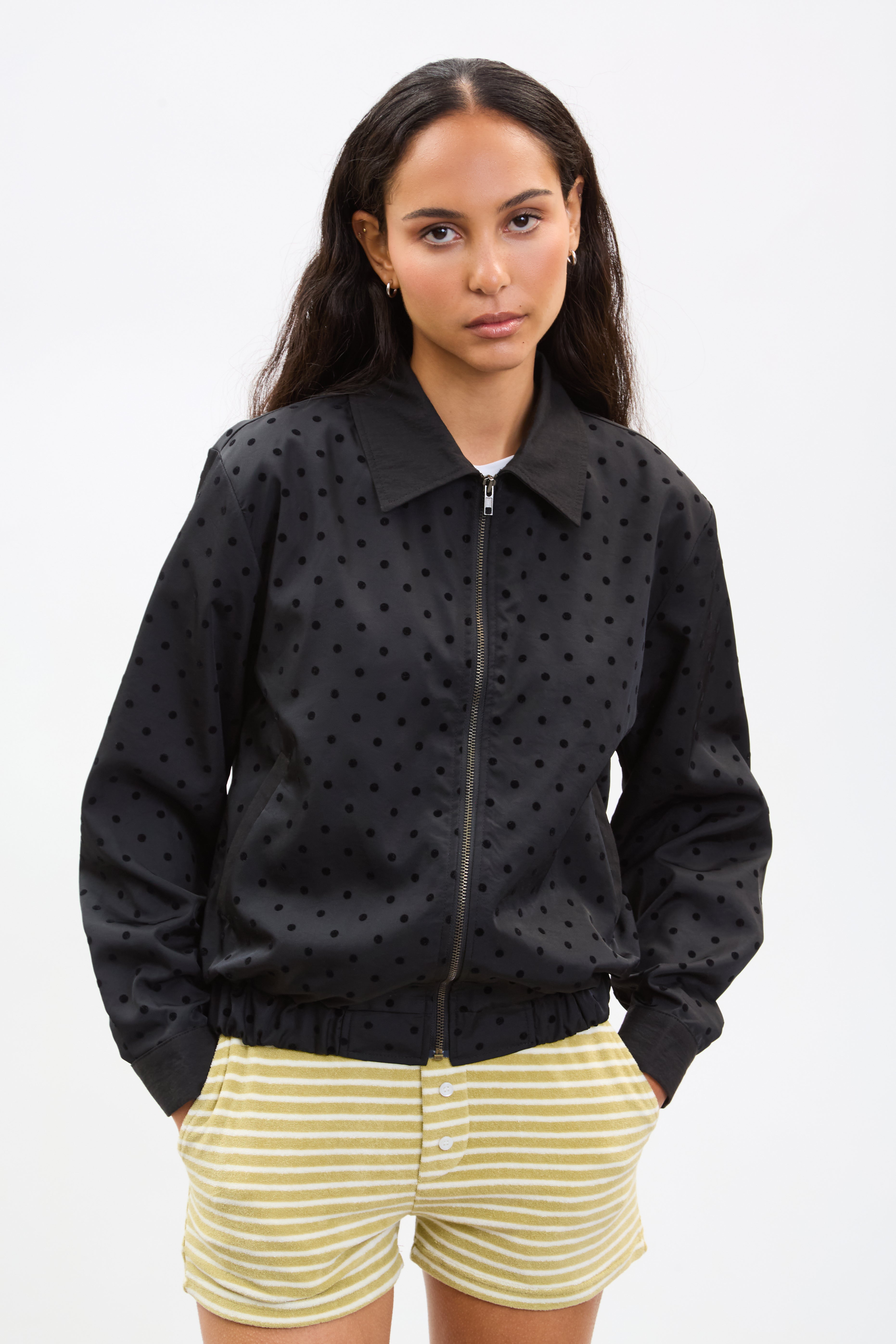Black on black polka dot zip jacket | Glassworks London