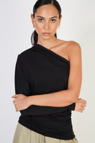 Black one shoulder jersey top_1