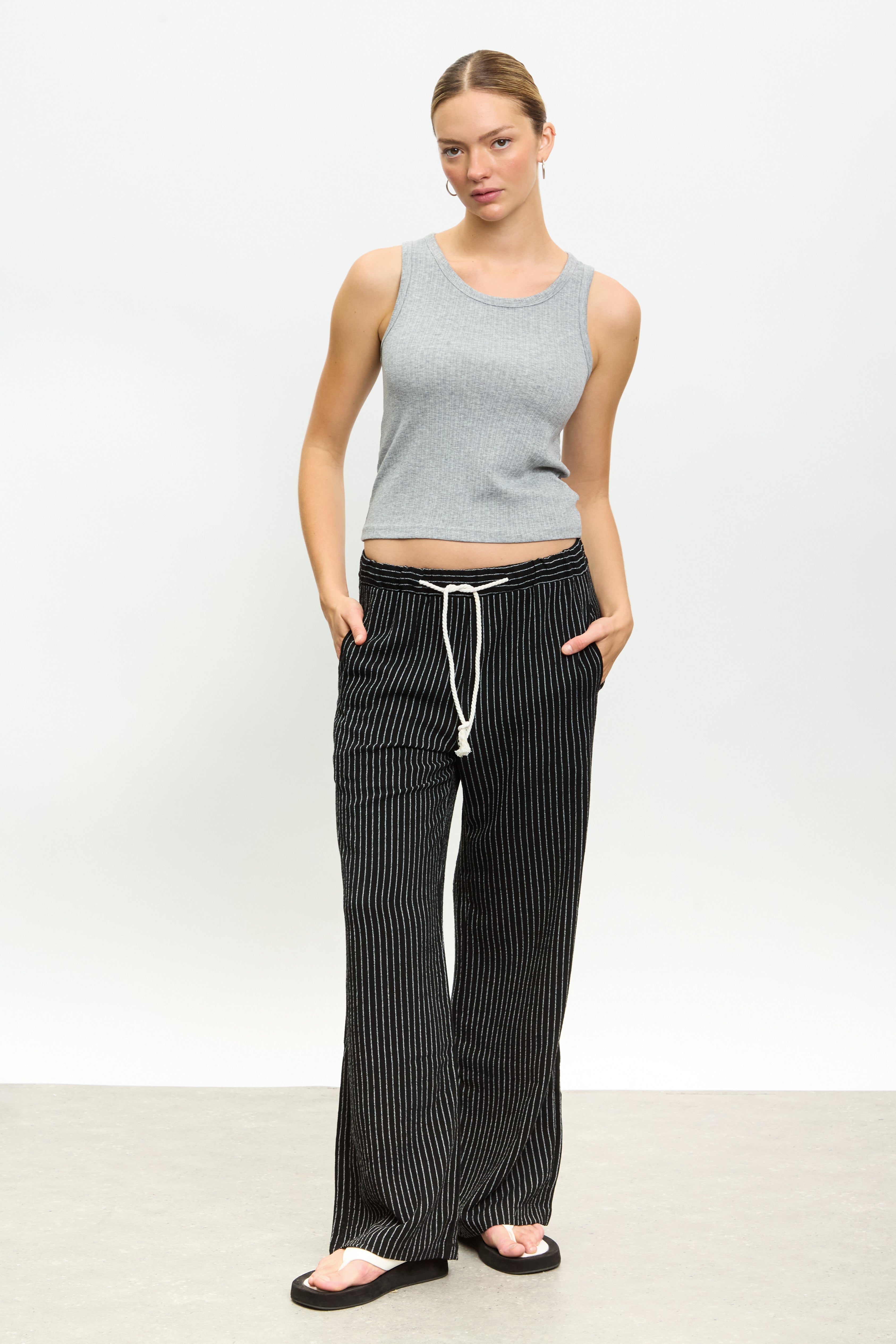 Black pinstripe rope drawstring trousers_4