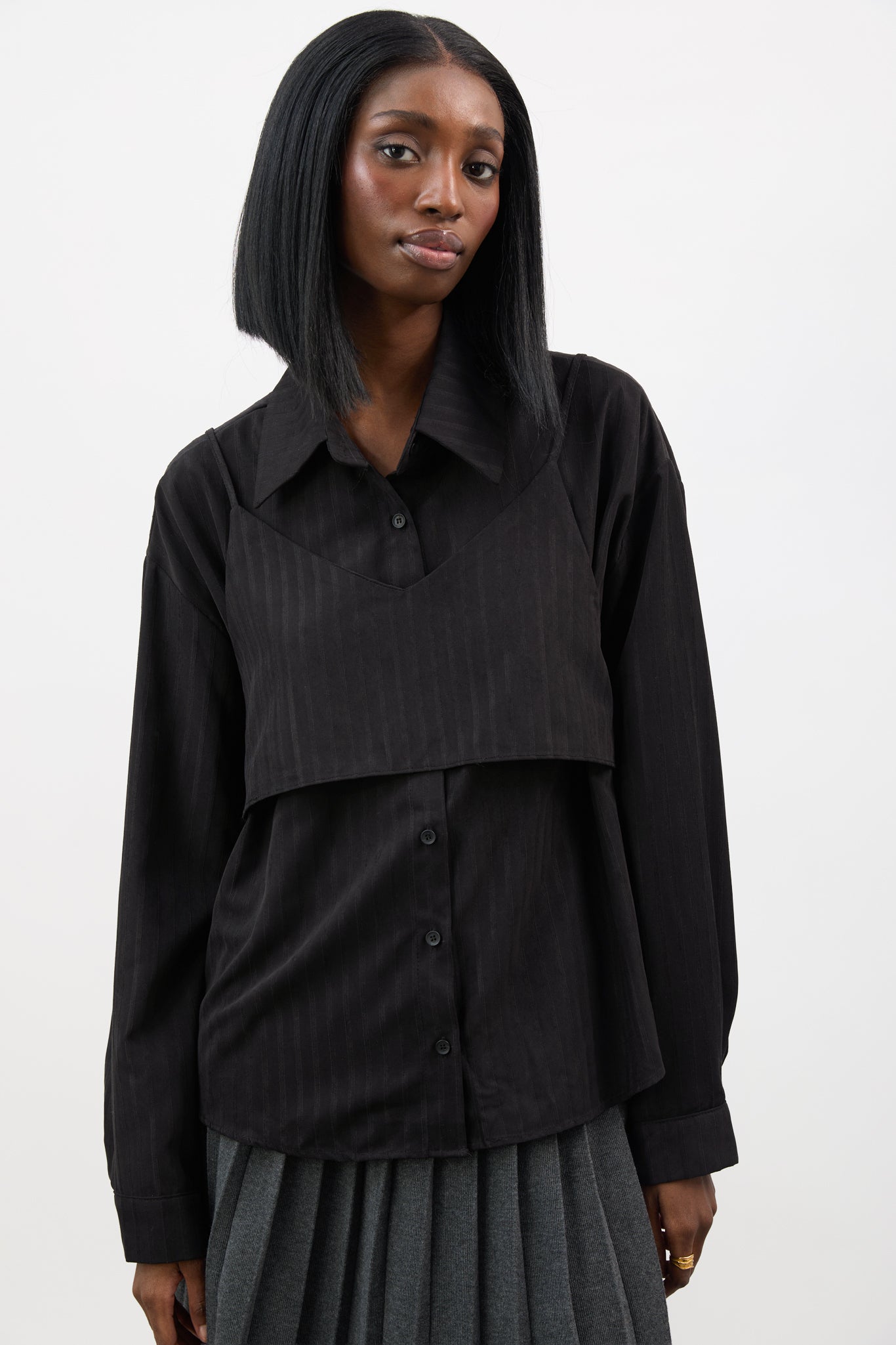 Black pinstripe tank layered shirt_1