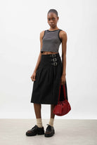 Black pleated triple buckle kilt midi skirt_4