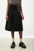 Black pleated triple buckle kilt midi skirt_1