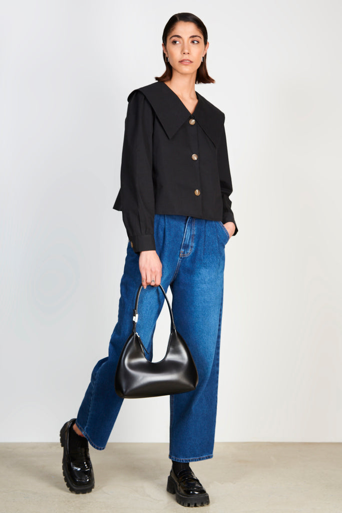 Black pointed giant collar shirt_5