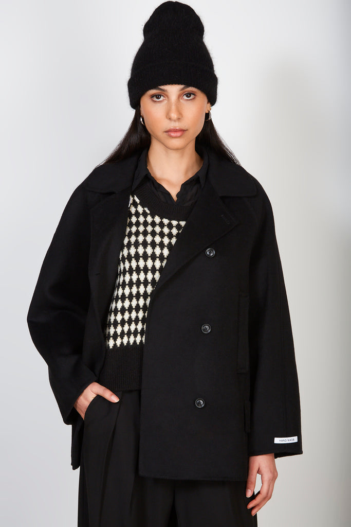 Black pure double breasted wool short coat_2