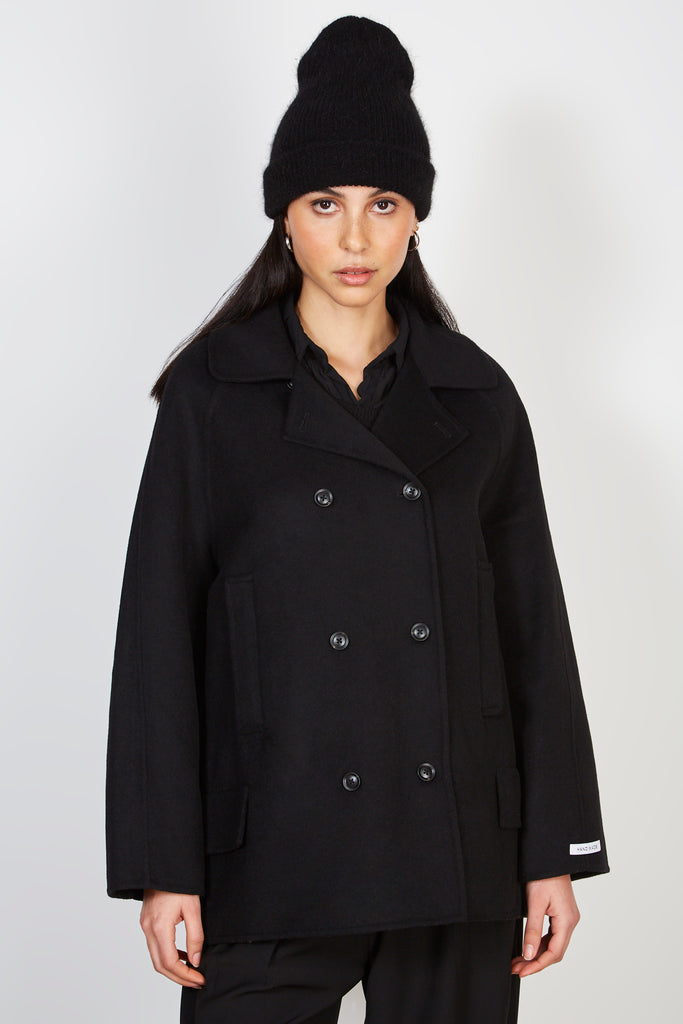 Black pure double breasted wool short coat_1