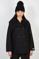 Black pure double breasted wool short coat_1