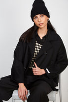 Black pure double breasted wool short coat_5