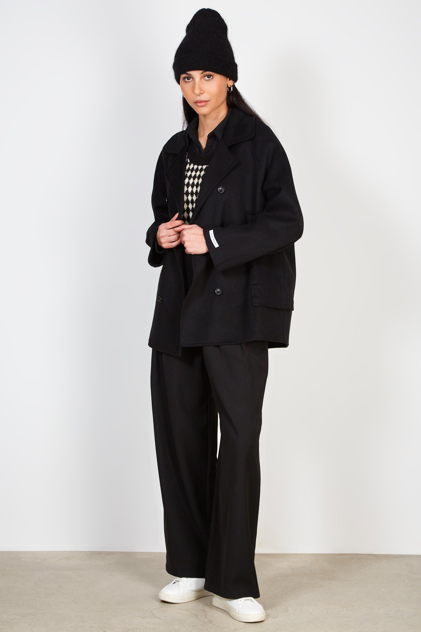 Black pure double breasted wool short coat | Glassworks London