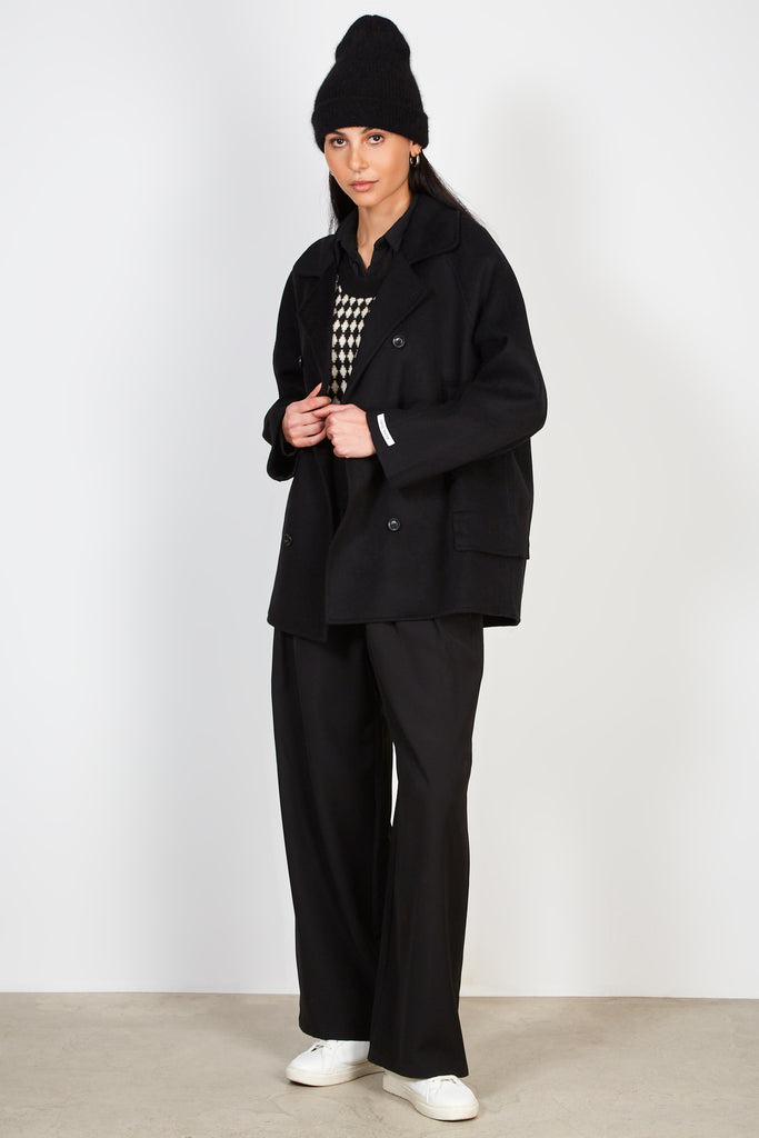 Black pure double breasted wool short coat_3