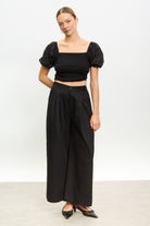 Black ribbed jersey contrast puff sleeve top_4