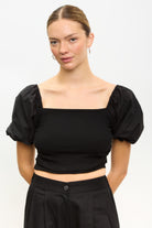 Black ribbed jersey contrast puff sleeve top_1