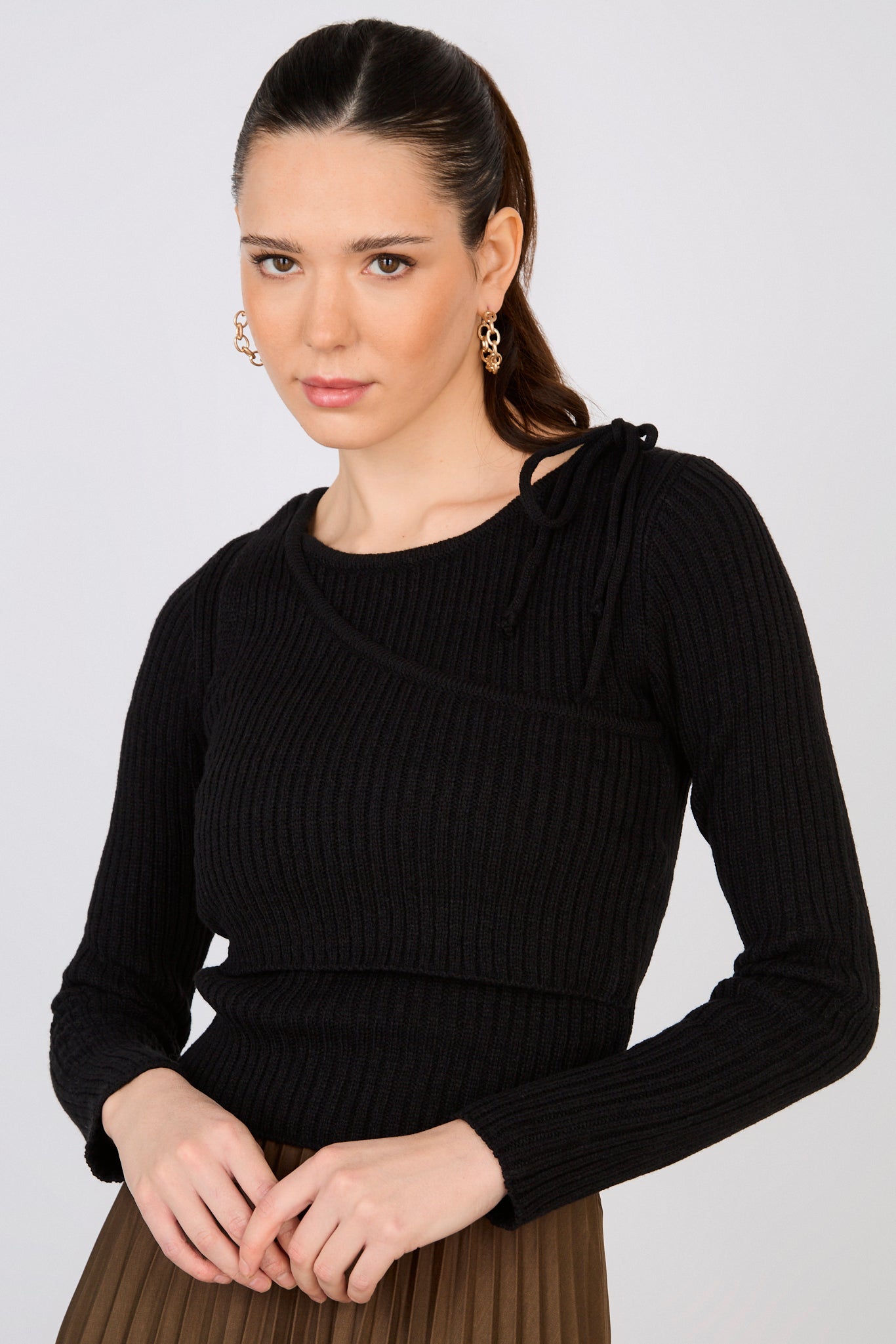 Black ribbed layered shoulder tie knit top