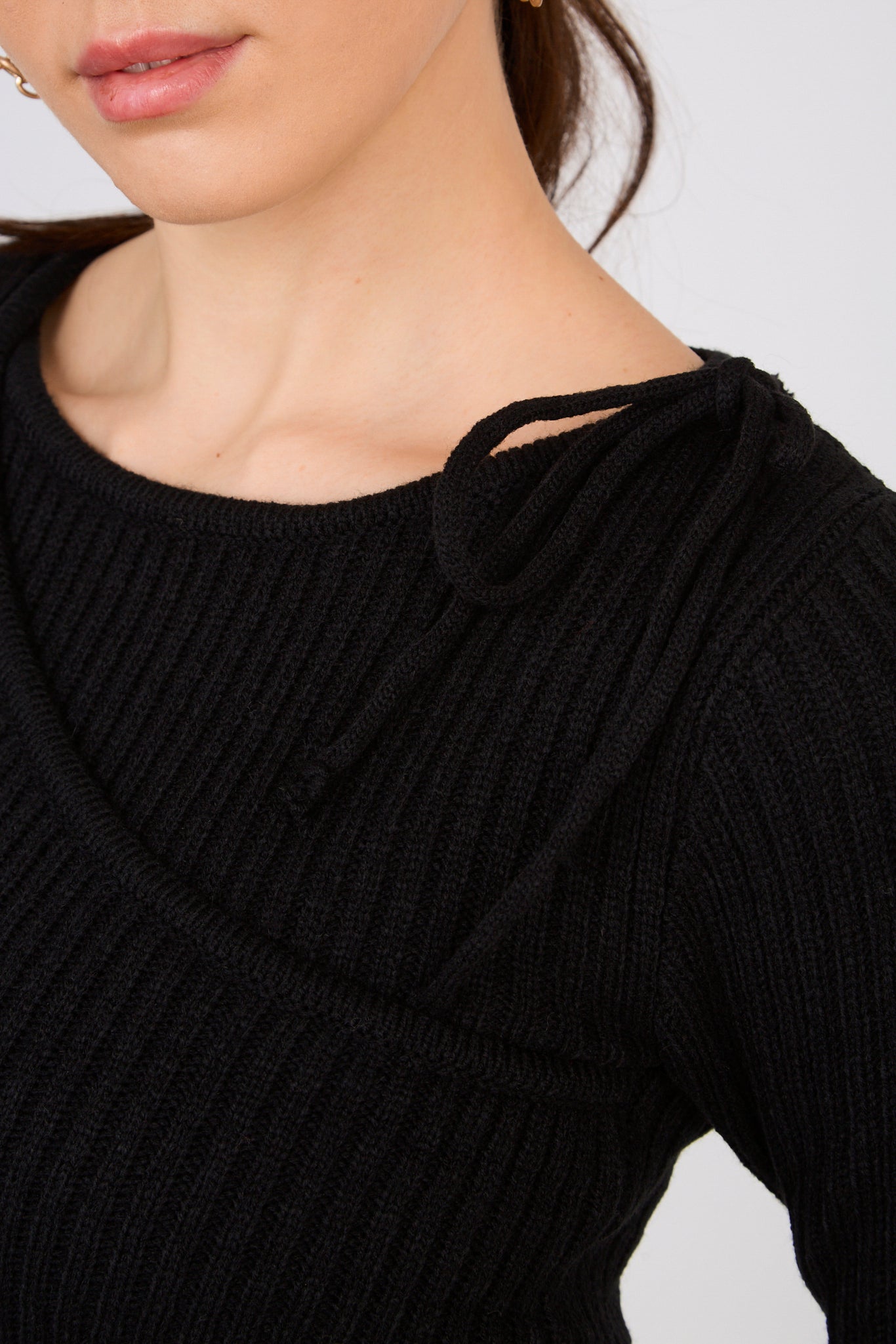 Black ribbed layered shoulder tie knit top