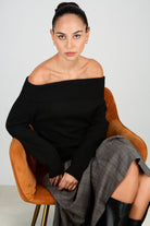 Black ribbed panel off shoulder knit top_5