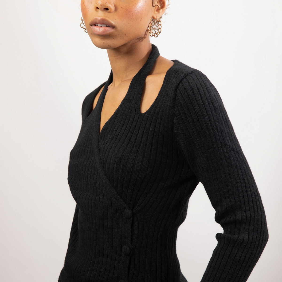 Black ribbed peek shoulder side button top | Glassworks London