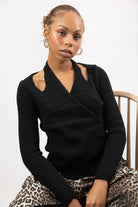 Black ribbed peek shoulder side button top_5