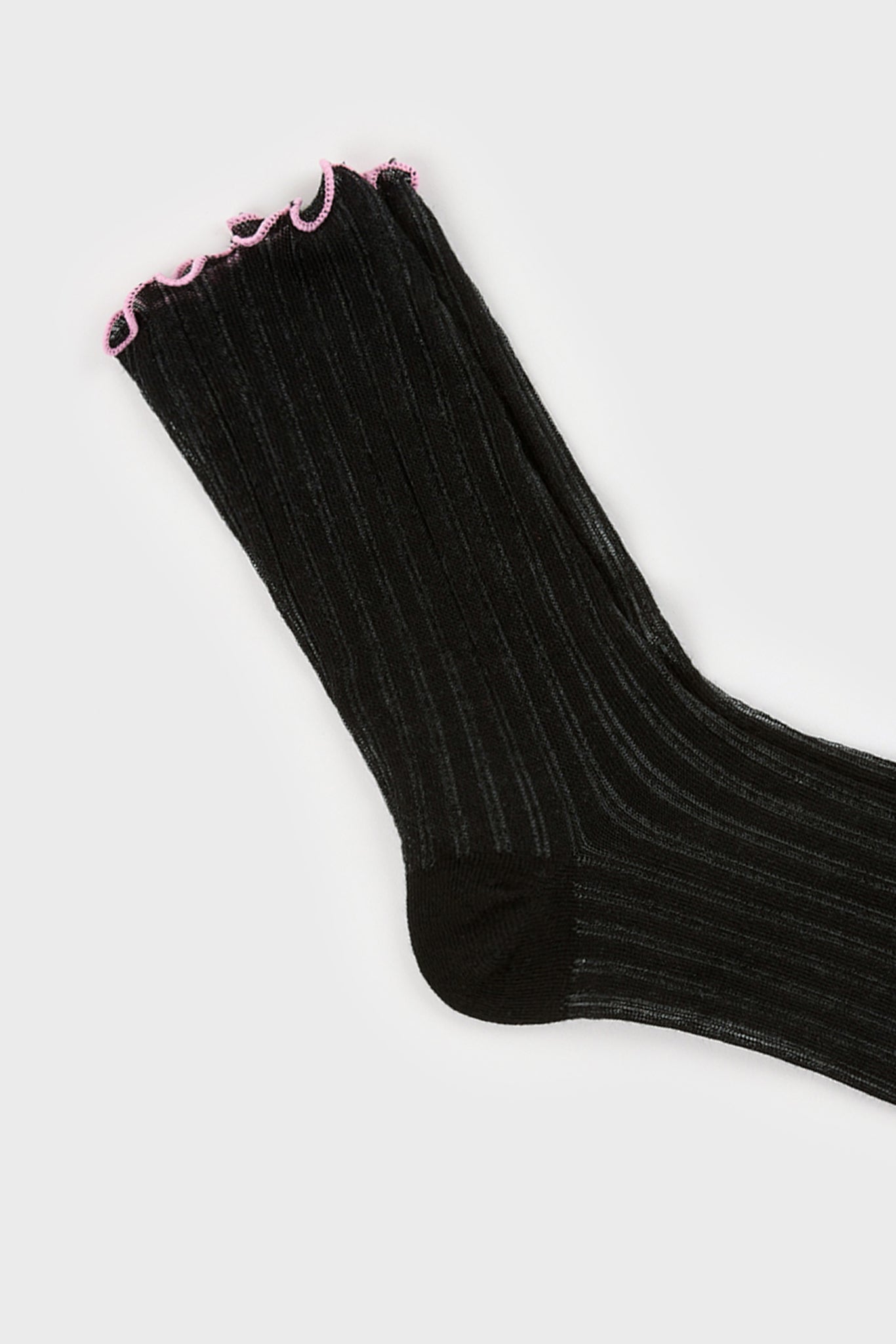 Black ribbed pink ruffle trim socks_2