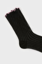 Black ribbed pink ruffle trim socks_2