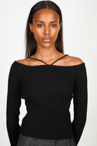 Black ribbed slim strap detail knit top_1