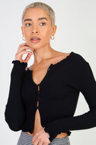 Black ribbed truffle trim button front top_1