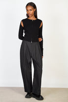 Black round neck double zip double slit cardigan_4