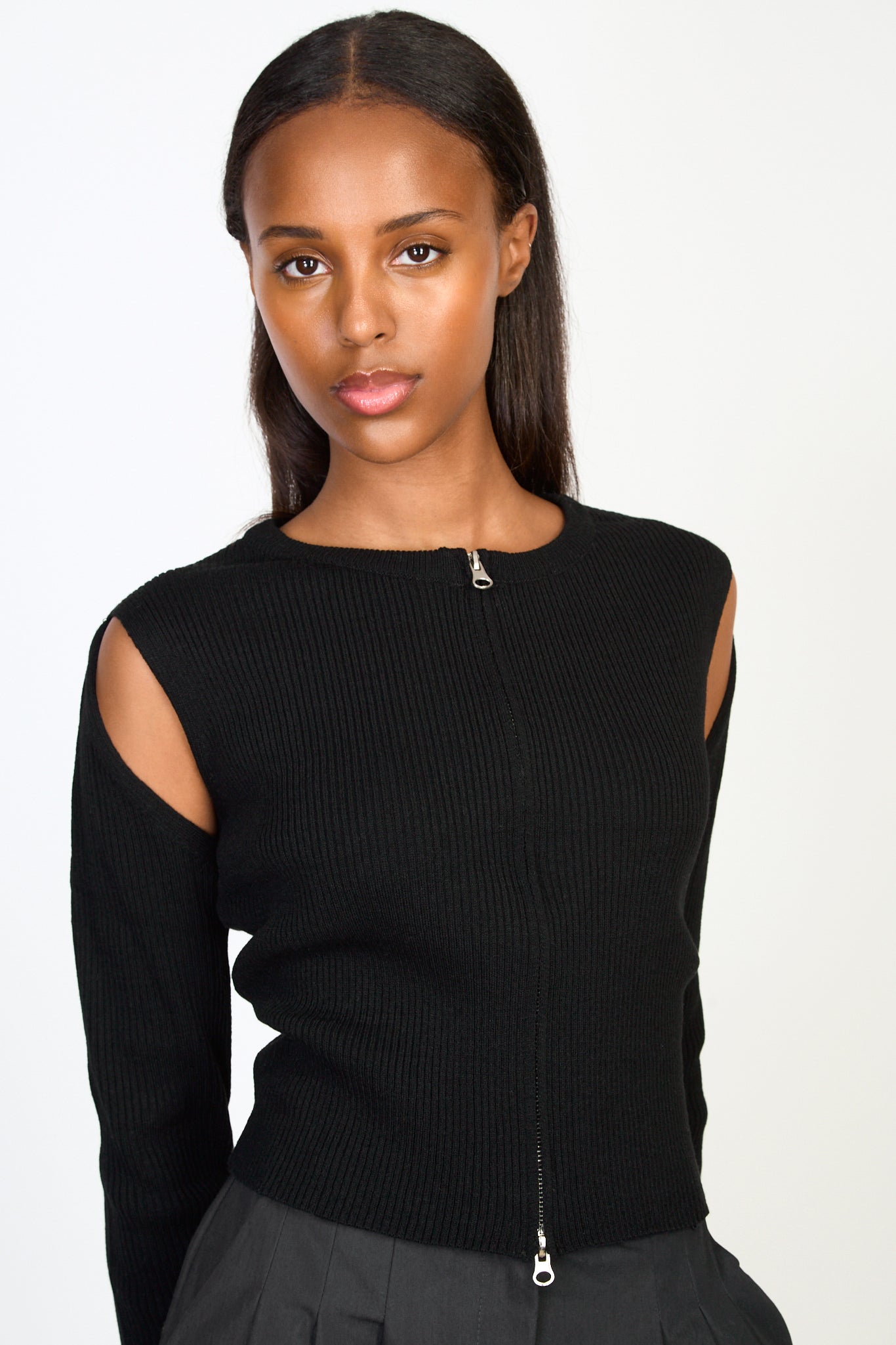 Black round neck double zip double slit cardigan