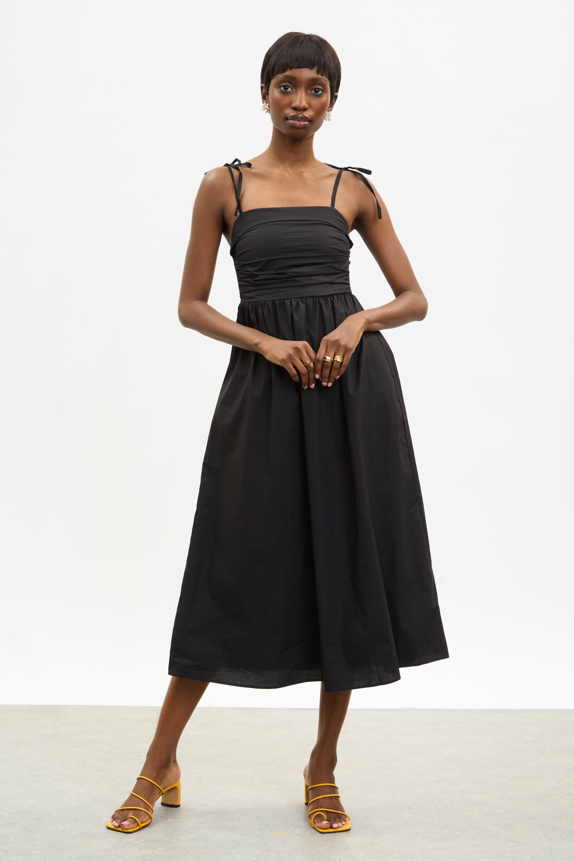 Black ruched back tie strap dress
