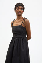 Black ruched back tie strap dress_3