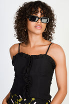 Black ruffle trim bustier top_1