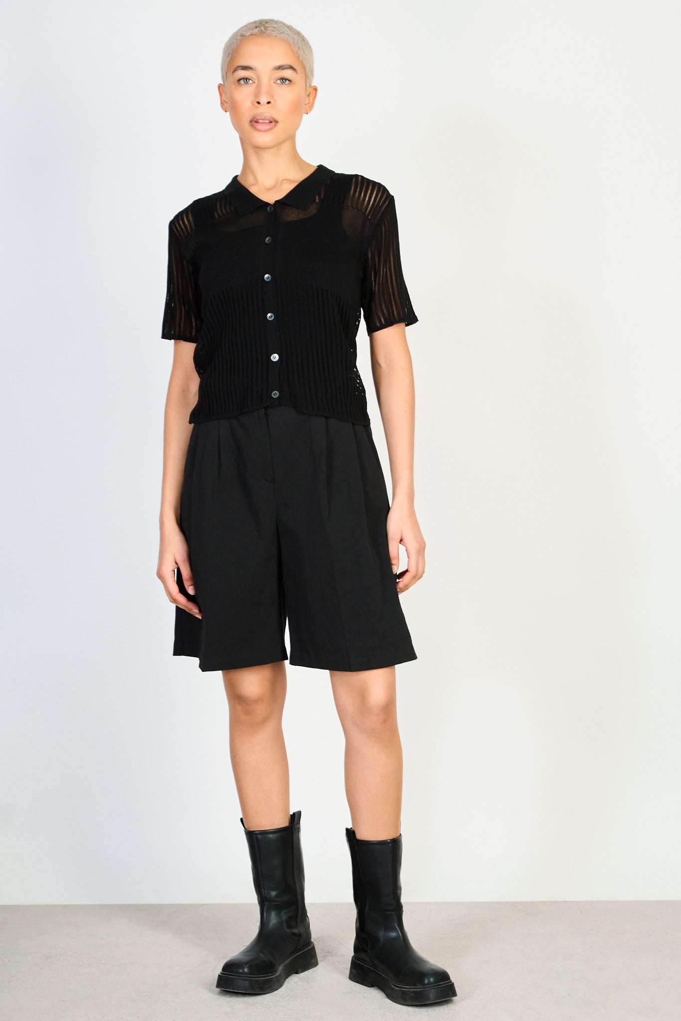 Black semi sheer block stripe knit tee_4