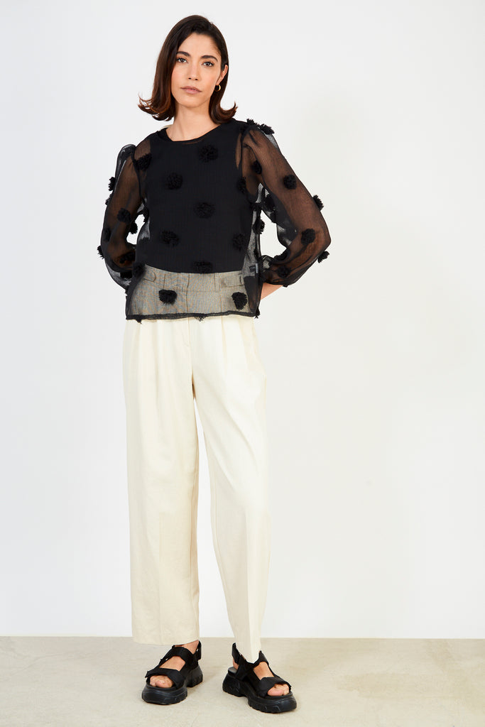 Black semi sheer tufted tie back blouse_4