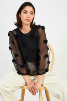 Black semi sheer tufted tie back blouse_1