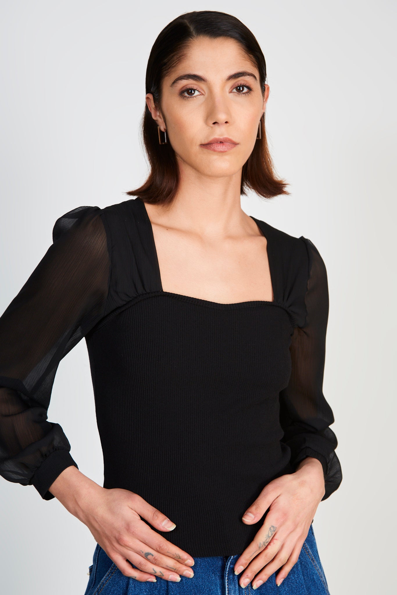 Black sheer sleeve black bodice blouse