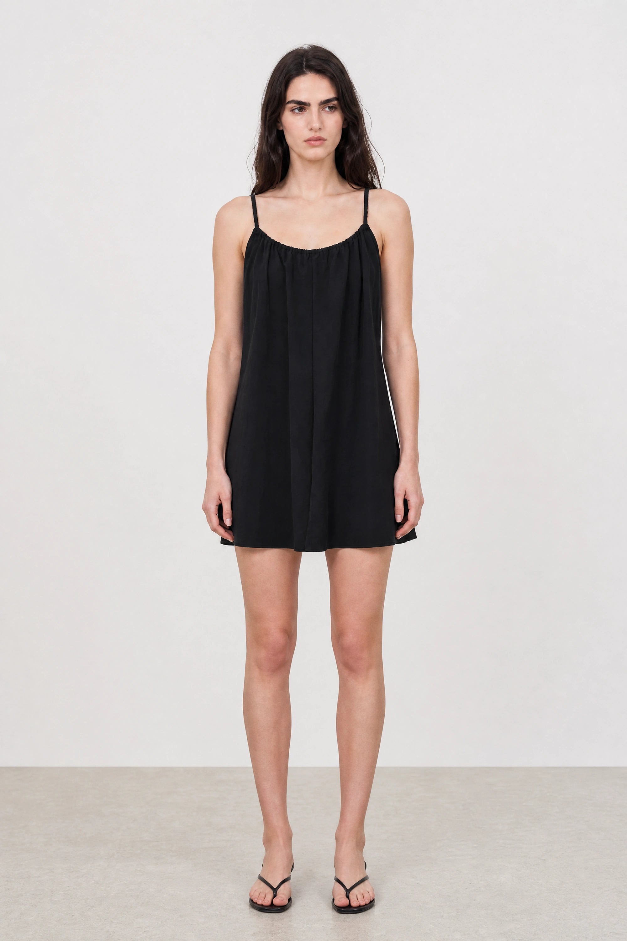 Black simple tie back spaghetti strap mini dress_1