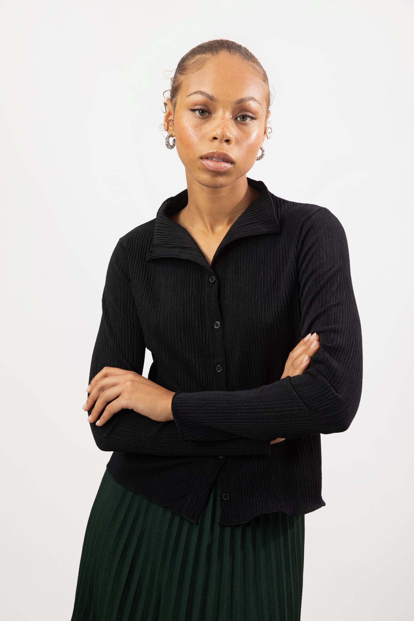 Black textured button up mock neck top_1