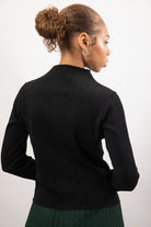 Black textured button up mock neck top_2
