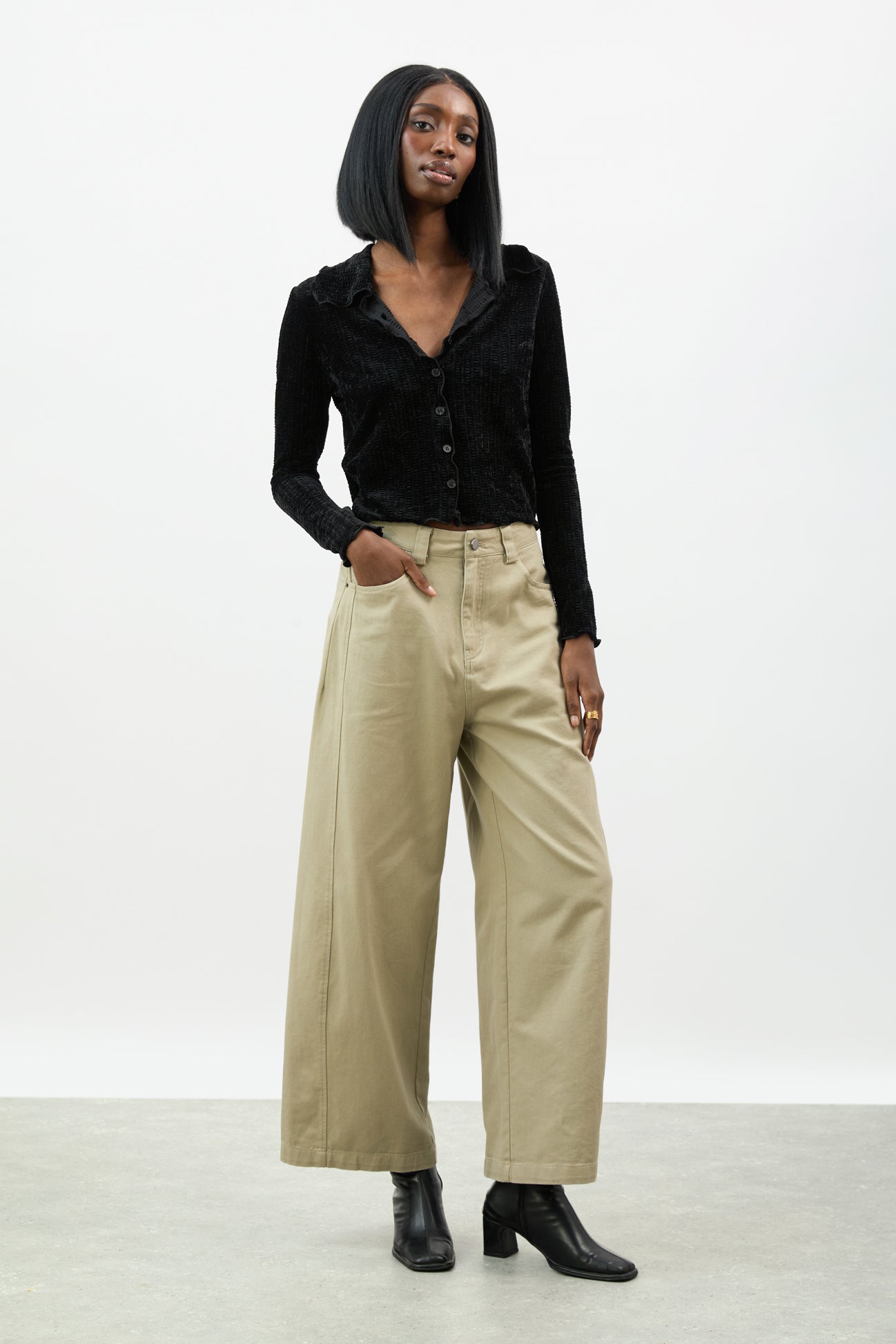 Black textured velvet ruffle trim long sleeve top_4