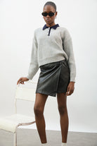 Black vegan leather asymmetric wrap mini skirt_5